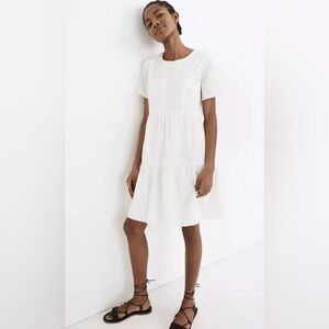 Madewell Women's White Embroidered Eyelet Button-Front Tiered Mini Dress size M